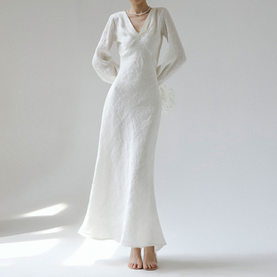 白色长袖 cicidream 挺括空气感 定织雕塑麻 连衣裙轻礼服 马蹄莲