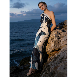 cicidream 豹栖图 双层桑蚕丝 飘逸修身立裁长款连衣裙