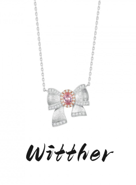 Witther原创设计甜美粉钻蝴蝶结项链女小众925银拉丝吊坠秋冬新款