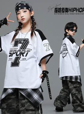 街舞服装男童嘻哈风炸街hiphop白色短袖t恤迷彩工装裤团体演出服
