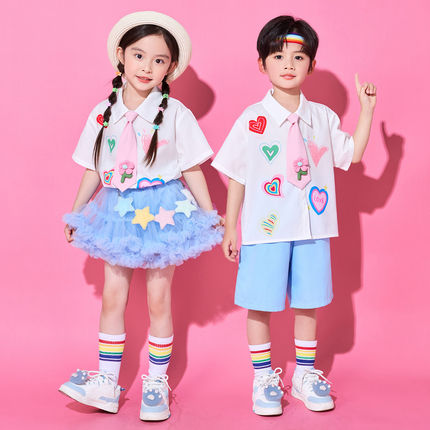 男孩吉他演出服主持人小学生幼儿园班服男童白色衬衫蓝色短裤套装