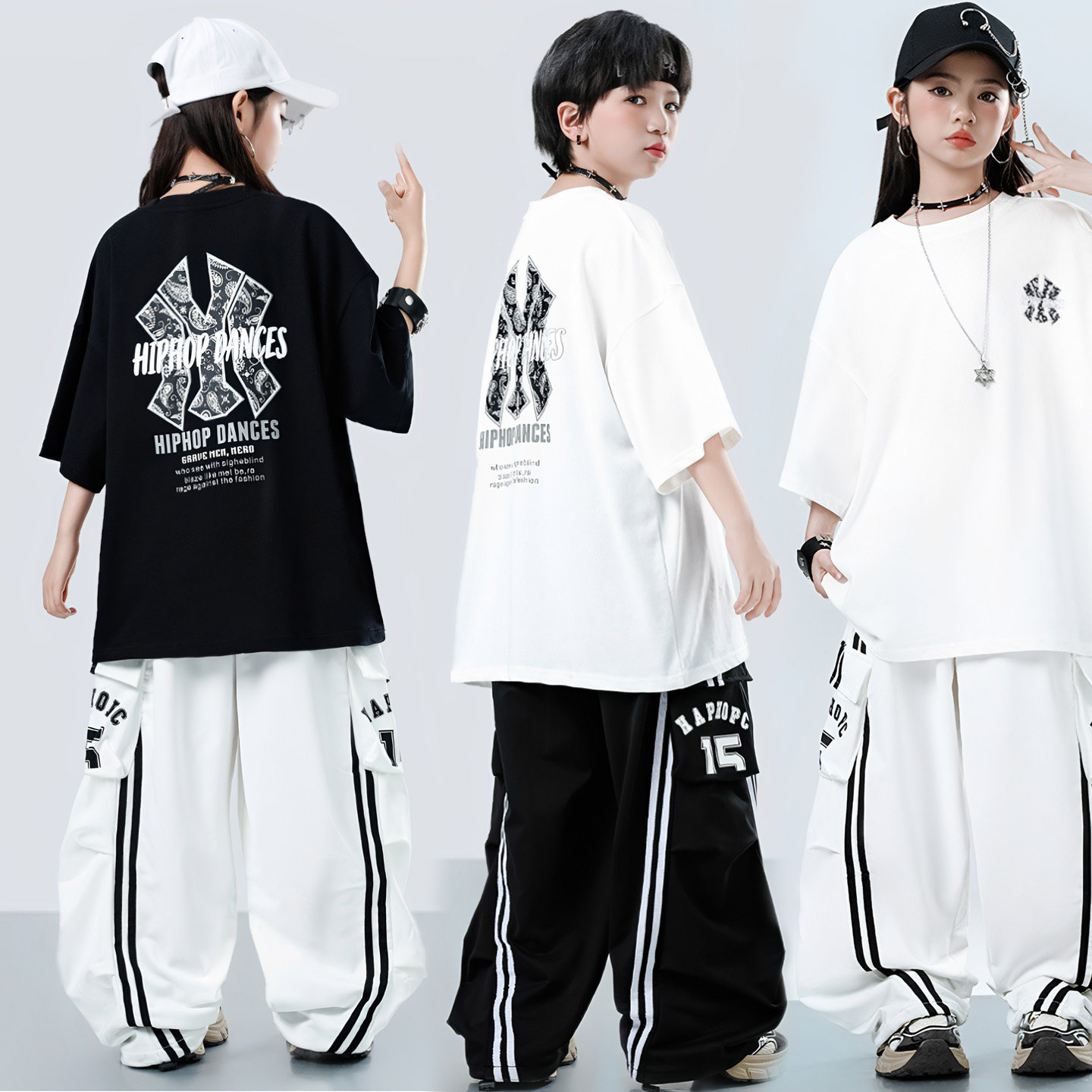 女童嘻哈街舞上衣hiphop爵士黑色白色宽松短袖t恤男童舞蹈练功服
