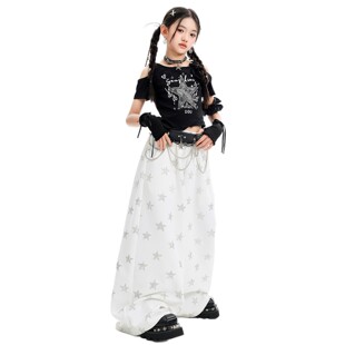 爵士jazz跳舞裤子白色女童kpop跳舞穿搭黑色上衣舞蹈服走秀演出服