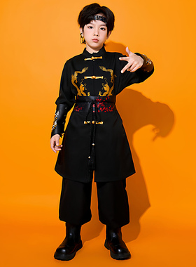 儿童古装演出服男童黑色武术服装新年合唱表演服女童模特走秀汉服