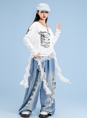 爵士跳舞kpop穿搭美式jazz白色上衣罩衫裤子辣妹女童舞蹈服装宽松