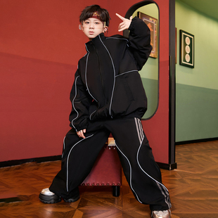 男孩黑色breaking演出潮服 嘻哈风hiphop儿童套装 街舞服装 男童长袖