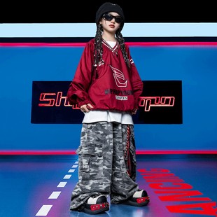 红色街舞上衣男童女童hiphop爵士穿搭嘻哈宽松长袖儿童演出潮服春