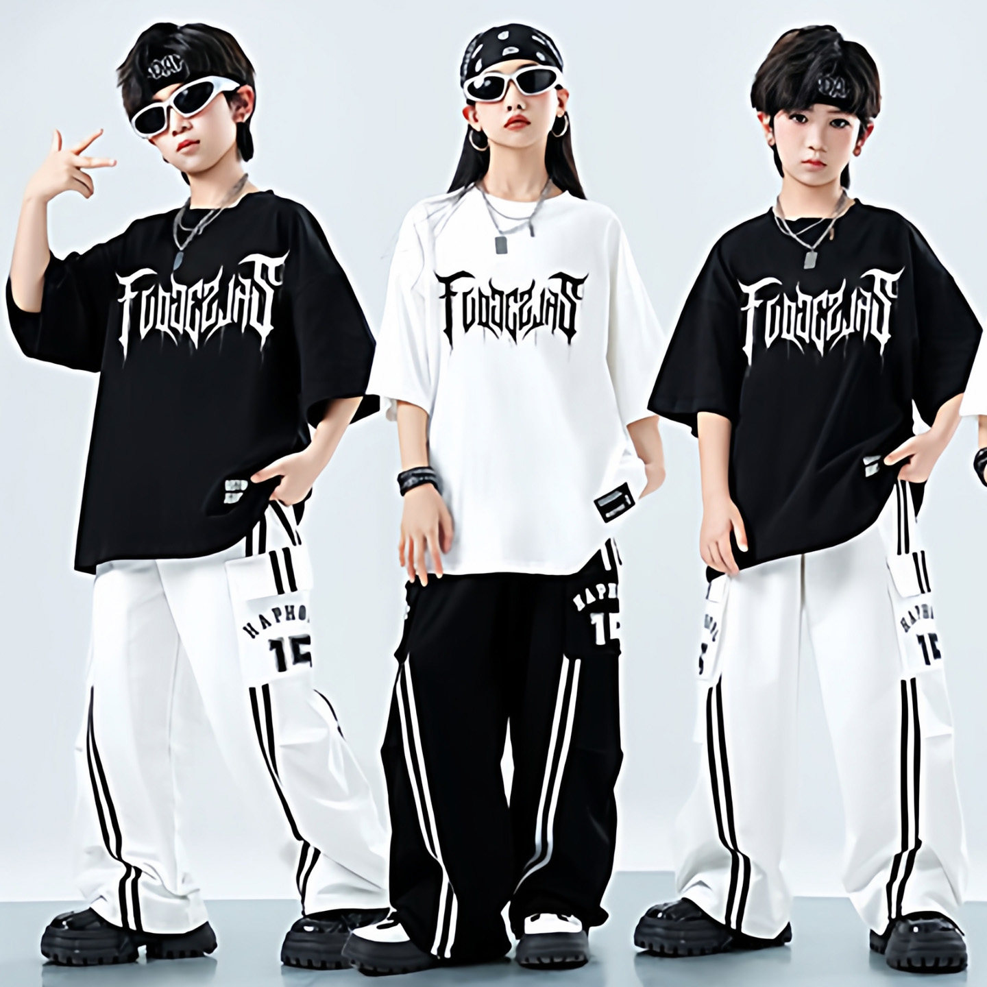 儿童街舞爵士舞练功服男童潮酷嘻哈风黑色白色宽松短袖t恤套装女