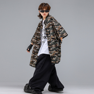 街舞服装嘻哈风炸街男童爵士舞女童儿童迷彩短袖上衣外套潮酷时髦
