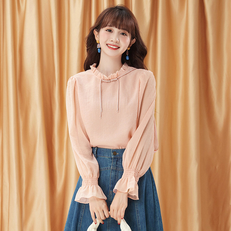 芭 outlets品牌折扣女装秋季潮款甜美减龄上衣一粒扣木耳领衬衫