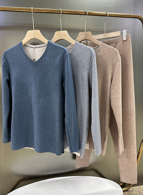 三针内衣男士羊绒桑蚕丝保暖无痕V领一片式内衣秋衣秋裤套装35707