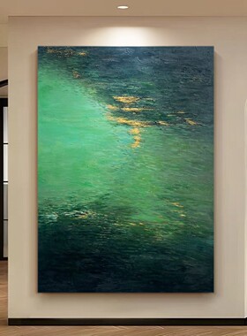 纯手绘油画抽象艺术绿色客厅装饰画中古风玄关餐厅卧室挂画高级感