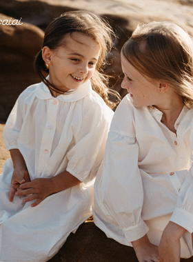 Caicaiai 北欧风儿童夏装五分袖衬衫裙纯棉白色女童洋气连衣裙652