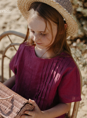 Caicaiai北欧风 亚麻儿童夏装 紫色裙子 文艺女童 洋气连衣裙878