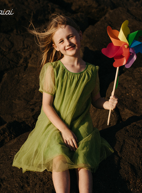 Caicaiai北欧风夏装女儿童洋气连衣裙绿色纱裙半身裙682+637+939