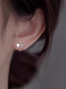 小杏运999纯银耳钉银杏叶耳环新款高级免摘气质养耳洞耳饰M06359