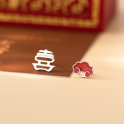 925纯银锁住喜事耳钉复古中国风喜字福锁耳环不对称耳饰G5625
