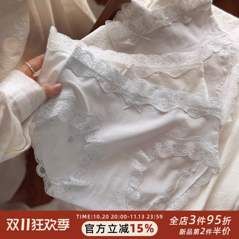 猫耳朵喵喵法式蕾丝甜欲少女纯棉女生内裤女士中低腰7A加长裆