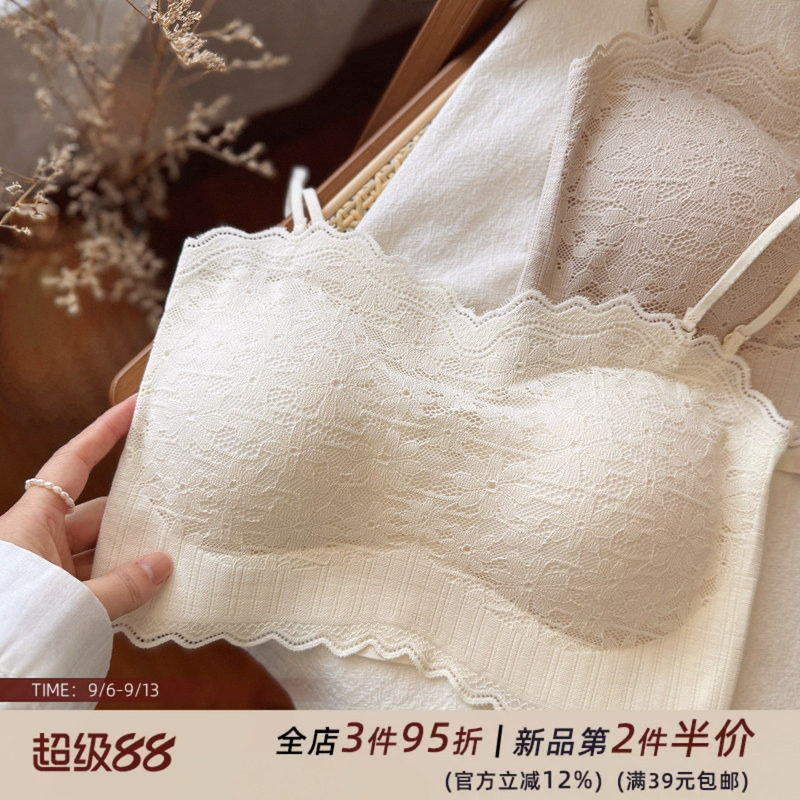 法式蕾丝吊带背心有胸垫抹胸式打底内衣女无钢圈文胸内搭性感细带图片