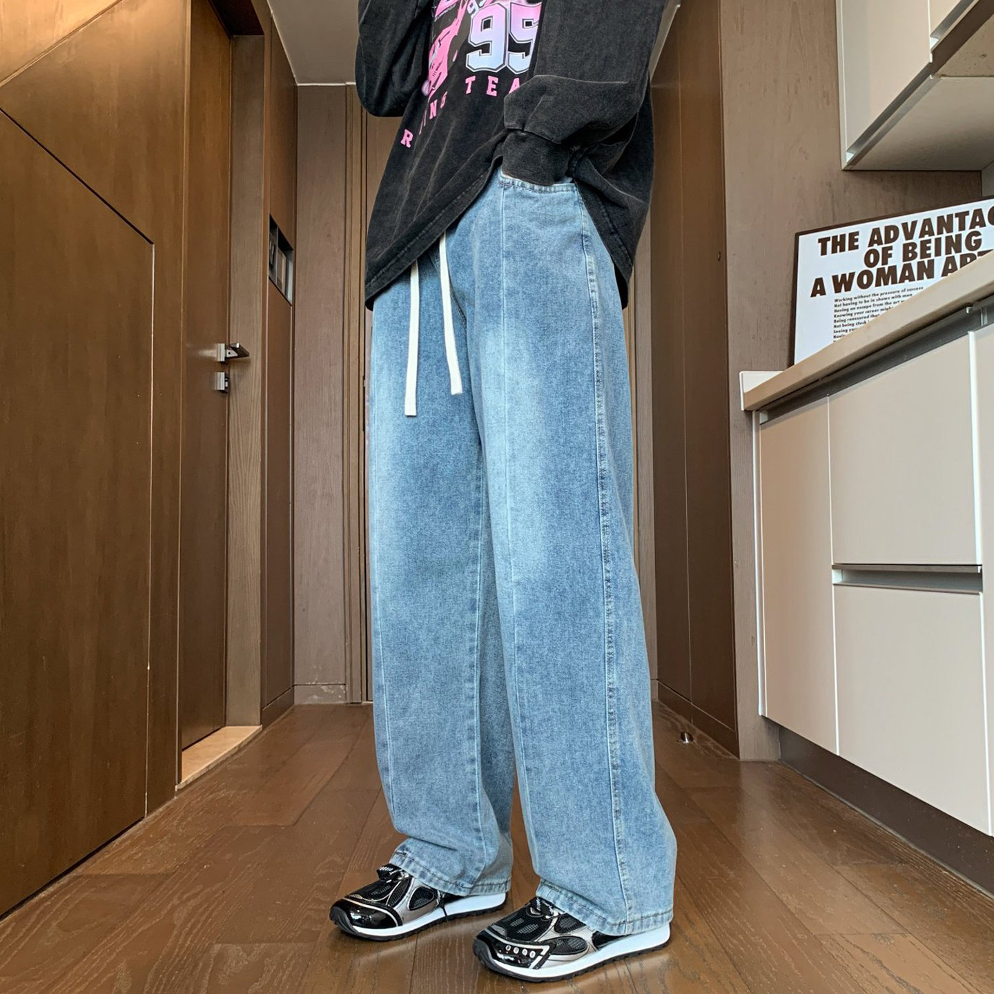 水洗做旧蓝色阔腿牛仔裤男春秋2026新款抽绳高腰直筒宽松拖地长裤,男装,牛仔裤,淘宝优惠券,粉丝福利购,淘宝优惠卷