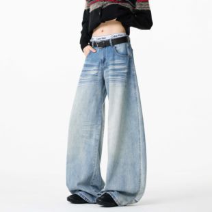 美式猫须阔腿牛仔裤男春秋新款高腰超帅弯刀裤宽松直筒垂感拖地裤