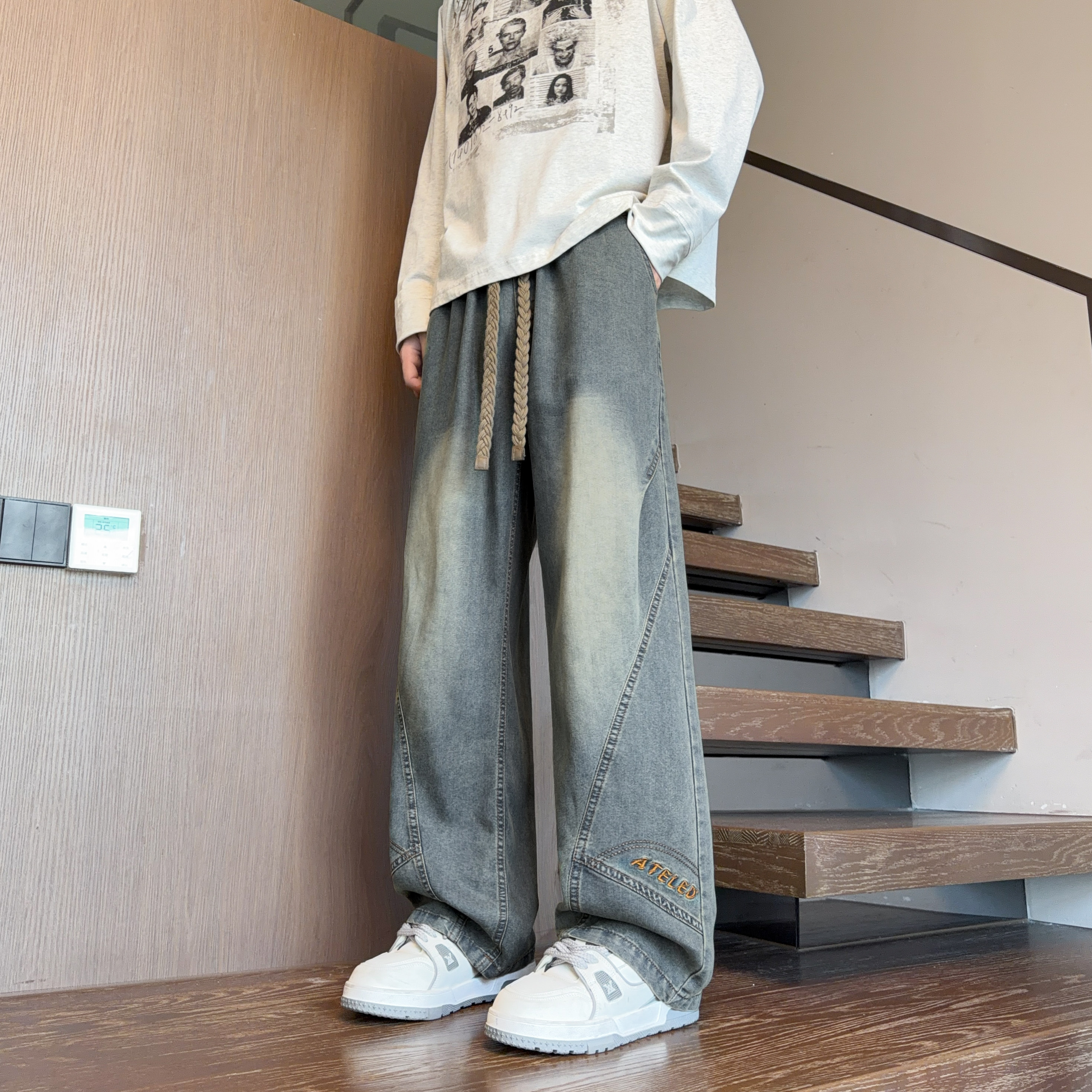 复古蓝牛仔裤男春秋抽绳高腰弯刀阔腿裤宽松显瘦直筒梨型身材裤子,男装,牛仔裤,淘宝优惠券,粉丝福利购,淘宝优惠卷