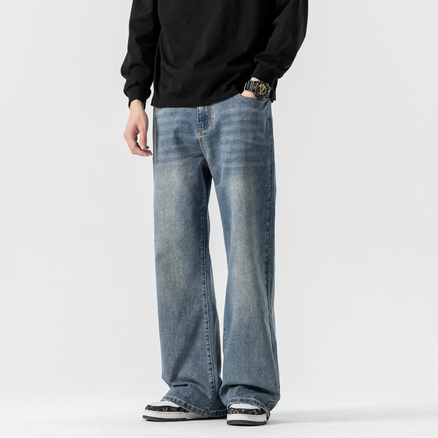 百搭直筒宽松阔腿微喇牛仔裤男款