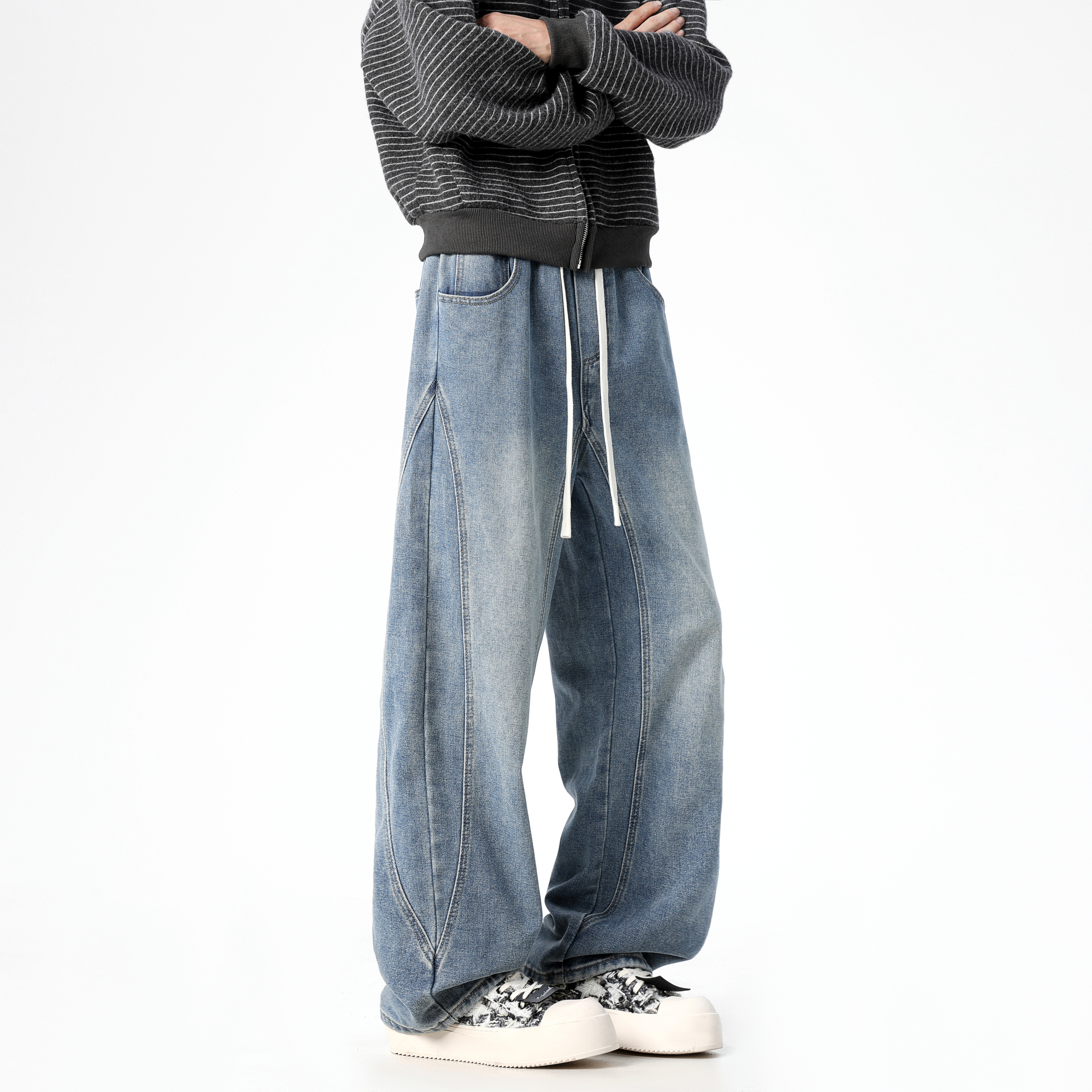 黑灰色水洗牛仔裤男春秋2026新款抽绳松紧高腰垂感宽松直筒阔腿裤,男装,牛仔裤,淘宝优惠券,粉丝福利购,淘宝优惠卷