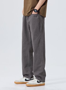 纯棉深灰色直筒休闲裤男士春夏2026新款宽松高腰显瘦窄版阔腿长裤