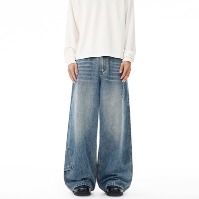 美式水洗高腰宽松直筒阔腿牛仔裤