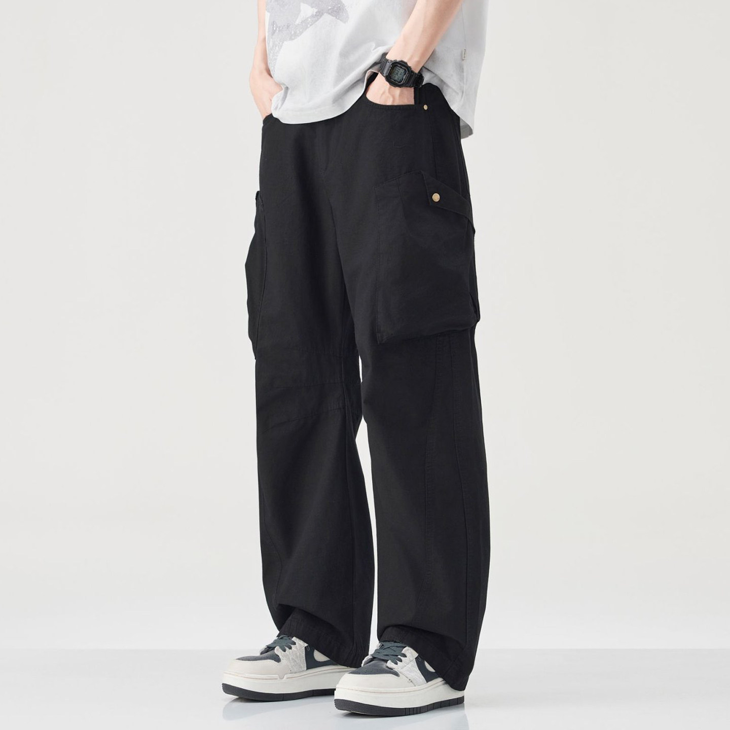 纯棉黑色多口袋工装裤男春夏新款高腰直筒阔腿裤宽松显瘦休闲长裤,男装,休闲裤,淘宝优惠券,粉丝福利购,淘宝优惠卷