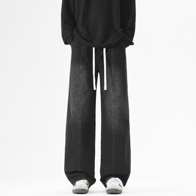 美式高街黑灰色阔腿牛仔裤直筒裤