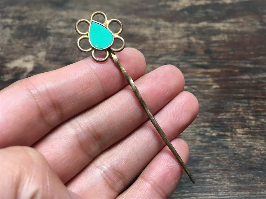 传世精美清代民国苏工嵌蓝宝铜鎏金绞丝单尖发簪古玩杂项怀旧保真