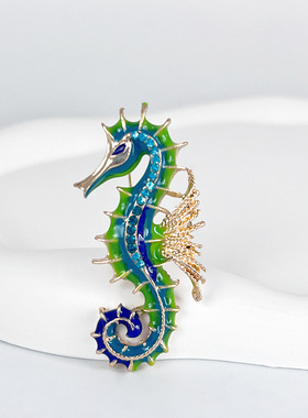 复古釉彩海马仿珐琅胸针彩绘
