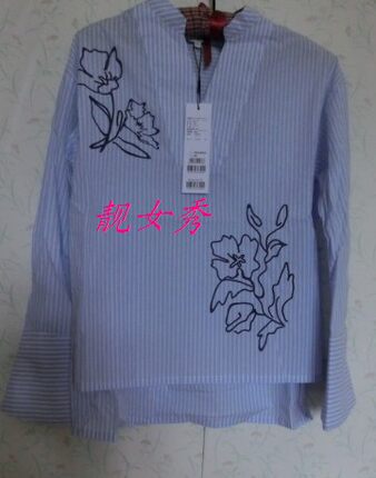 春款棉蓝色条纹女衬衫160114575