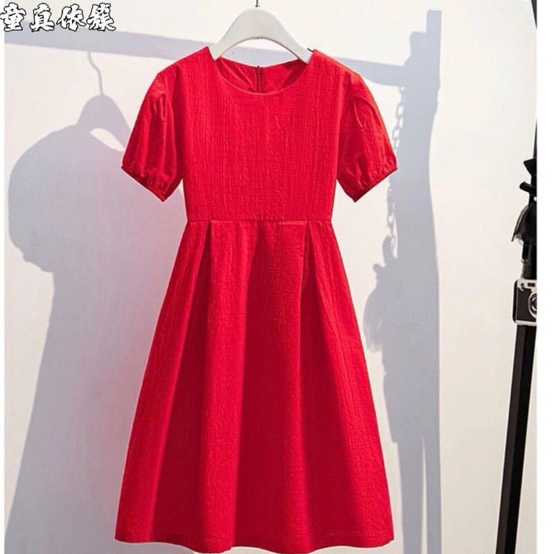女童红色纯棉短袖连衣裙夏季新款韩版洋气公主风小女孩泡泡袖裙子