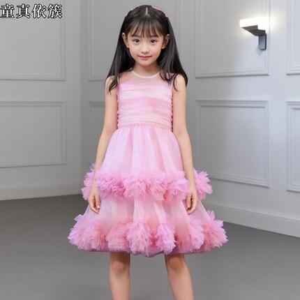 女童粉色网纱连衣裙夏季新款韩版甜美公主风女孩生日蓬蓬蛋糕裙