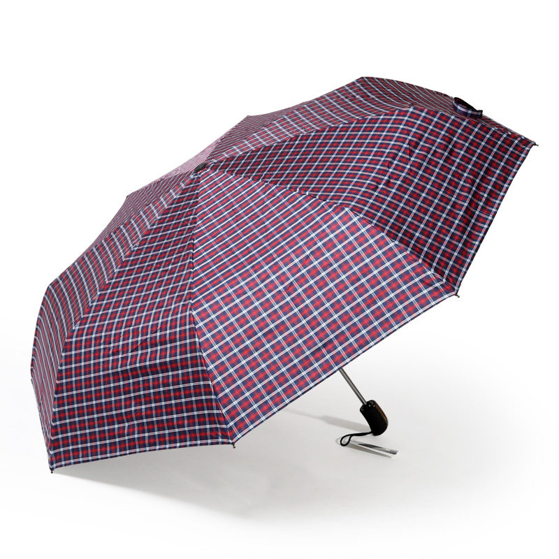 天堂线染色织格黑胶防晒三折加大双人一键自开收全自动折叠晴雨伞