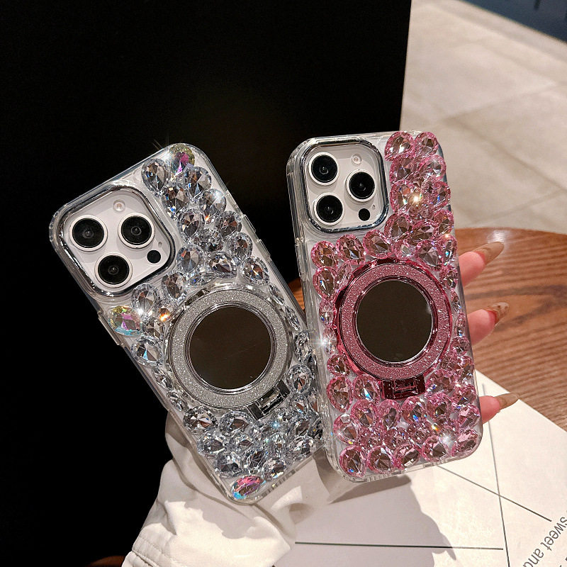 适用苹果16手机壳 女款高档钻壳iPhone15软保护套14 12PROMAX 13 无线充电奢华水钻磁吸带支架镜子壳