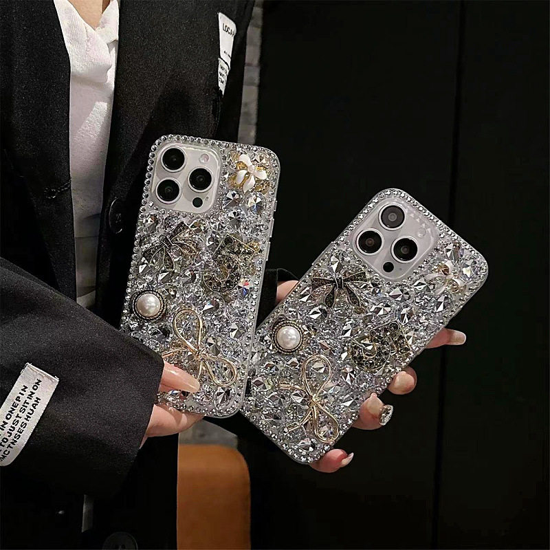 适用苹果16PROMAX手机壳iphone15满钻珍珠蝴蝶结外壳13 14PRO MAX 潮壳 女款 12 11 钻壳复古奢华水钻