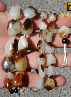 方言精品巨漏收藏级高儒性白玉41颗万年黑油皮原石籽料玩料项链F