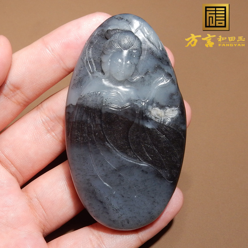方言精品和田玉新疆玉龙河产一线天油润细腻青花籽料玉贵人吊坠w4