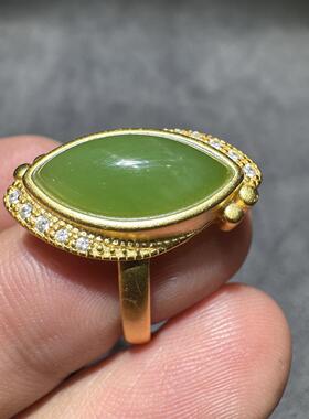 方言和田玉老坑俄料碧玉辣菠菜绿无黑点碧玉S925镶嵌活口戒指S