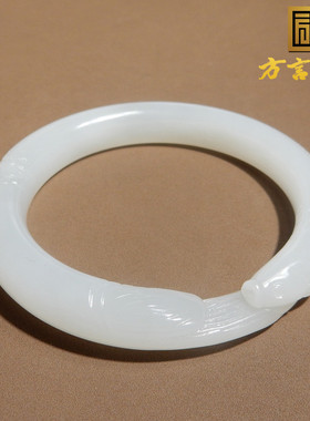 方言和田玉精品青海老坑料羊脂白玉高冰底内径58mm年年有鱼手镯w4