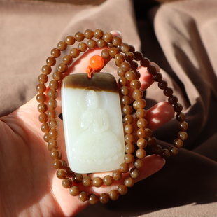 精品方言和田玉珍藏级新疆高油脂糯且末红糖白玉观世音牌子吊坠A2