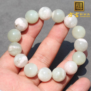 亏麻了方言和田玉新疆且末料白玉桃花玉双色共生卡14mm圆珠手串O8