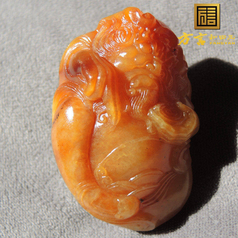 方言镇店之宝巨漏老熟聚橘黄沁色淡粉玉俏色精工钟馗籽料手把件R