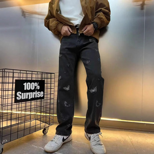 秋冬男士黑色直筒牛仔裤轻奢高级水洗刺绣休闲宽松百搭弹力长裤男