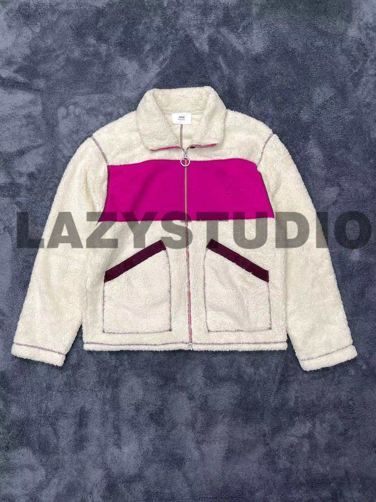LS现货AMI 拼色拼接白色粉色爱心logo拉链毛绒长袖外套夹克