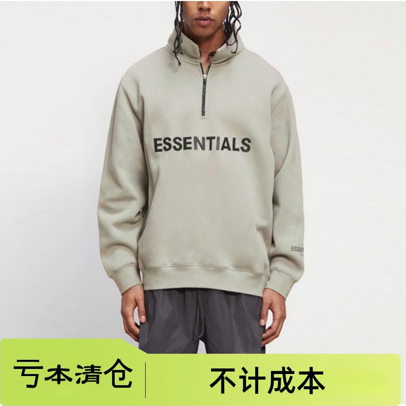 亏本清仓Essentials FOG胶印LOGO半拉链灰色男女同款卫衣